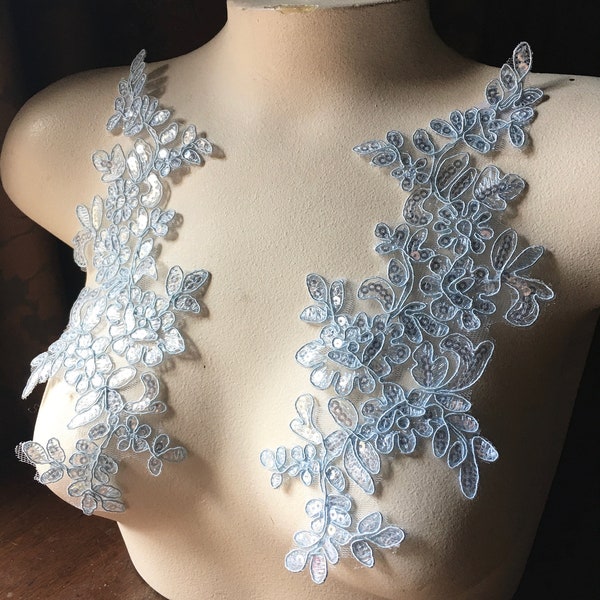 ICE BLUE Beaded Applique Pair Lace for Lyrical Dance, Bridal, Garments, Costume Design PR 376