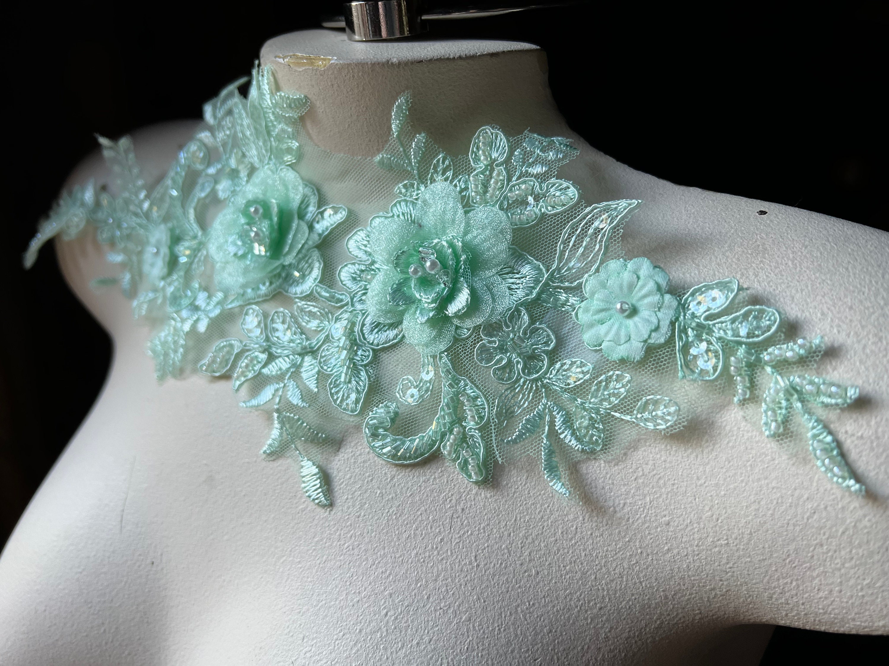 MINT GREEN 3D Beaded Applique for Lyrical Dance, Bridal, Ballet, Headbands,  Garments CA 963 