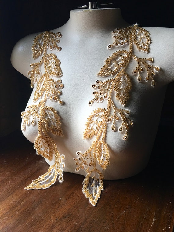 GOLD Beaded Applique Pair for Lyrical Dance, Costumes, Garments