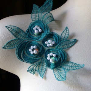 TEAL Beaded Lace Flower Applique in TEAL Organza CA 615 tl