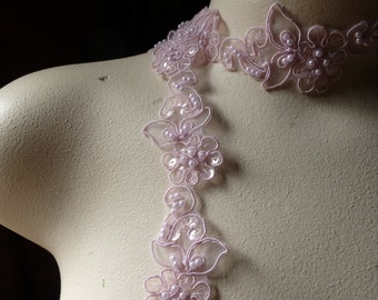 Rose Pink Beaded Lace Trim for Lyrical Dance, Bridal, Headbands, Veils, Costumes BL 4038 rp