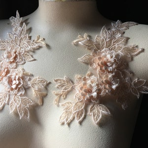 PEACH BLUSH 3d Lace Applique PAIR for Lyrical or Ballet Costumes, Garments, Bridal F6