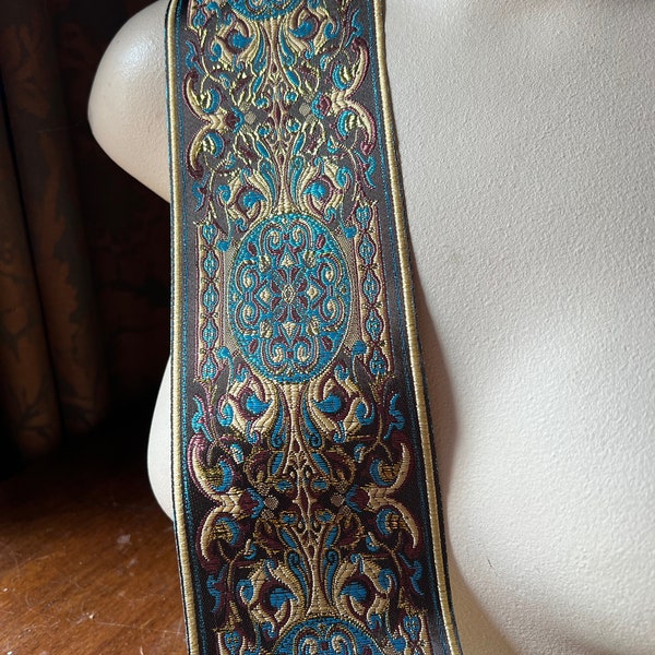 TURQUOISE & GOLD Jacquard Ribbon Trim for Garments, Costume Design, Home Decor TR 225 tg