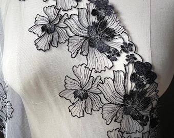BLACK & Ivory FLOWeRs Embroidered Lace: 12.5" Wide for Lingerie, Garments CL 6186