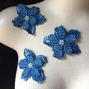 3 BLUE #2 (darker) 3D Appliques Beaded Flowers for Lyrical Dance, Garments, Costume Design HC