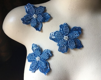 3 BLUE #2 (darker) 3D Appliques Beaded Flowers for Lyrical Dance, Garments, Costume Design HC