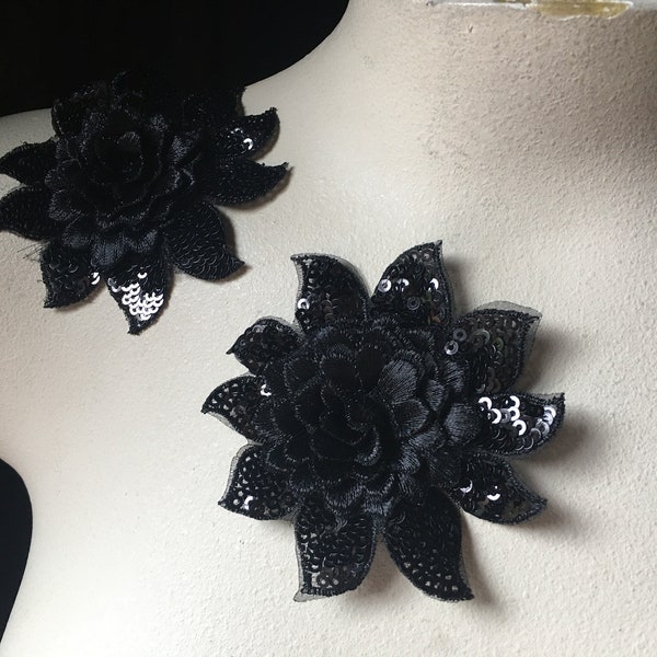 2 BLACK 3D Beaded Flower Appliques for Lyrical Dance, Ballet, Costumes, Headbands, Garments CA 962