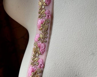 PINK & Gold Sari Trim Beaded Embroidered Net for Garments, Costume Design, Crafts, Junk Journals TR 373