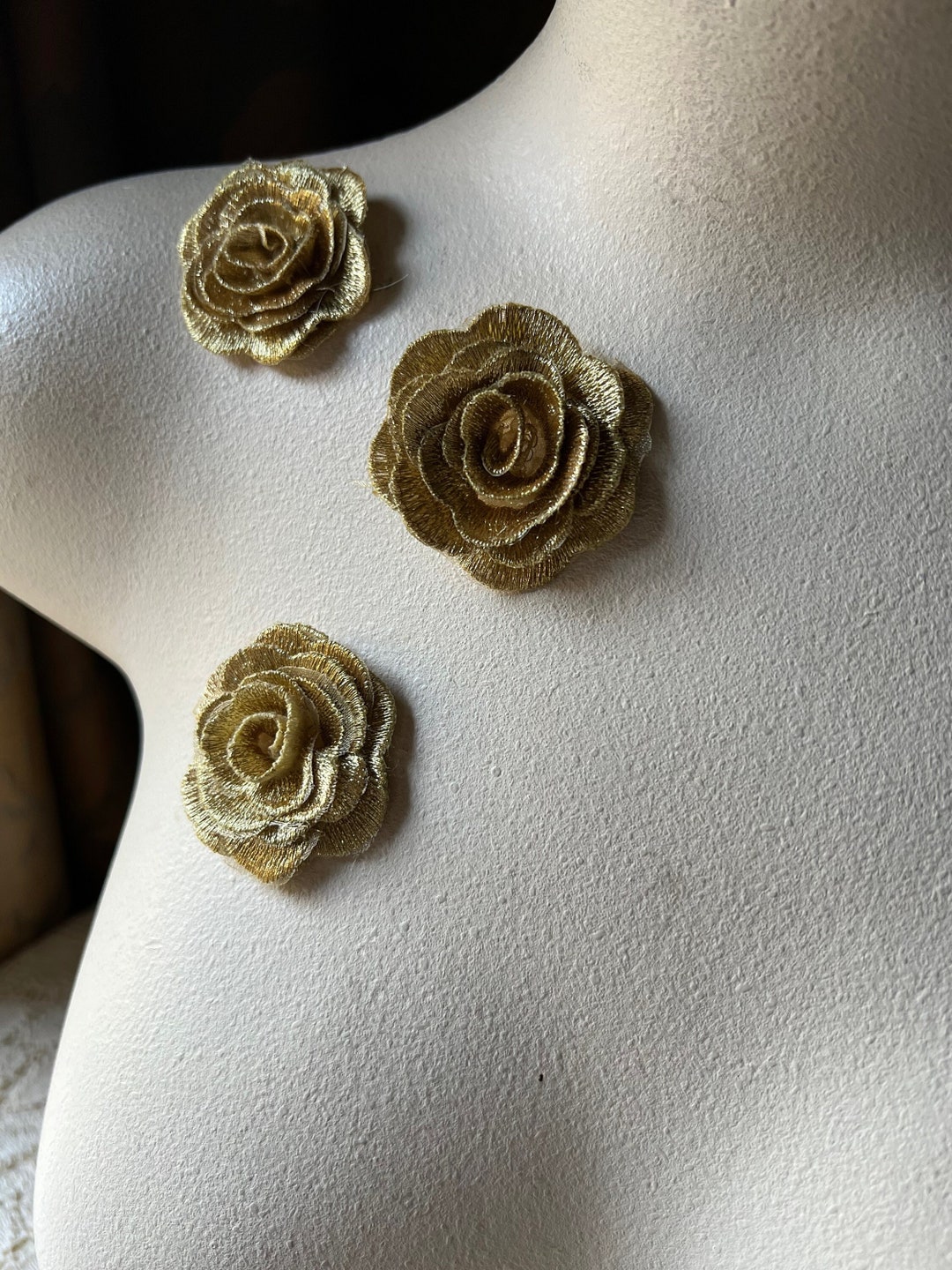 Three Gold Roses 3 GOLD Rose 3D Appliques Lace Appliques for Grad Gowns, Garments ...