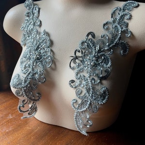 PEWTER GREY Beaded Applique PAiR for Lyrical Dance, Bridal, Ballet, Headbands, Garments CA 961 pr