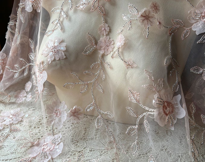 Light Peach Rhinestone Fabric for Bridal, Prom & Wedding Gowns main image 1