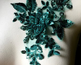 Green 3D Applique Sequined for Lyrical Dance, Ballet, Couture Gowns F75