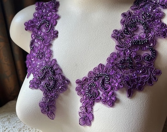 NEW STOCK - PLuM Beaded Lace Applique PAiR for Lyrical Dance, Bridal, Garments, Costume Design PR 612 pp