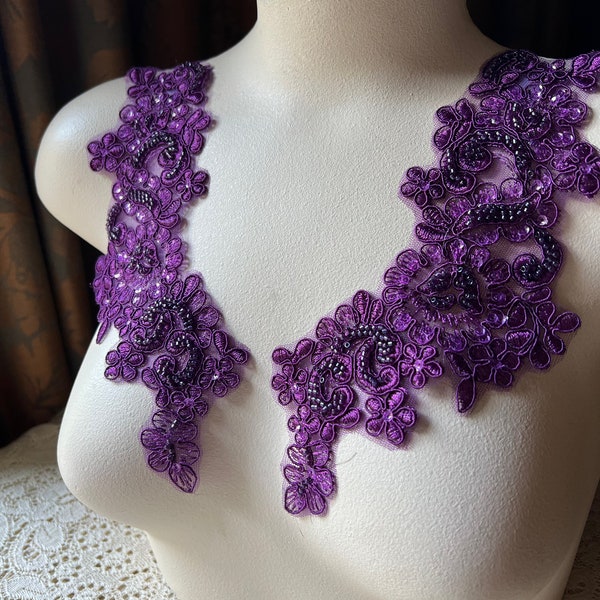 Plum Purple Beaded Lace Applique Pair: Glass Bead Garment Embellishment PR 612