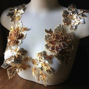 BRIGHT GOLD 3d Applique PAiR Beaded with Sequins for Lyrical Dance, Ballet, Couture Gowns F122