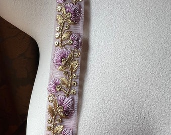 MAUVE & Gold Sari Trim Beaded Embroidered Net for Garments, Costume Design, Crafts, Junk Journals TR 373