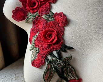 RED Rose Applique 3D Lace for Lyrical Dance, Garments, Costume Design CA 901