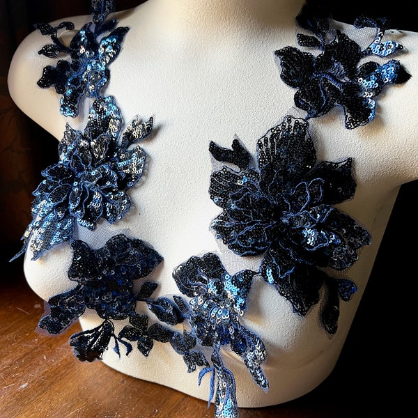 NAVY BLUE 3d Applique PAIR Beaded with Sequins for Lyrical Dance, Ballet, Couture Gowns F122