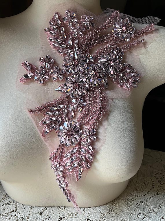 ROSE PINK RHINESTONE Applique Beaded #1 for Lyrical Dance, Ballroom Dance, Costumes, Garments F70b-1