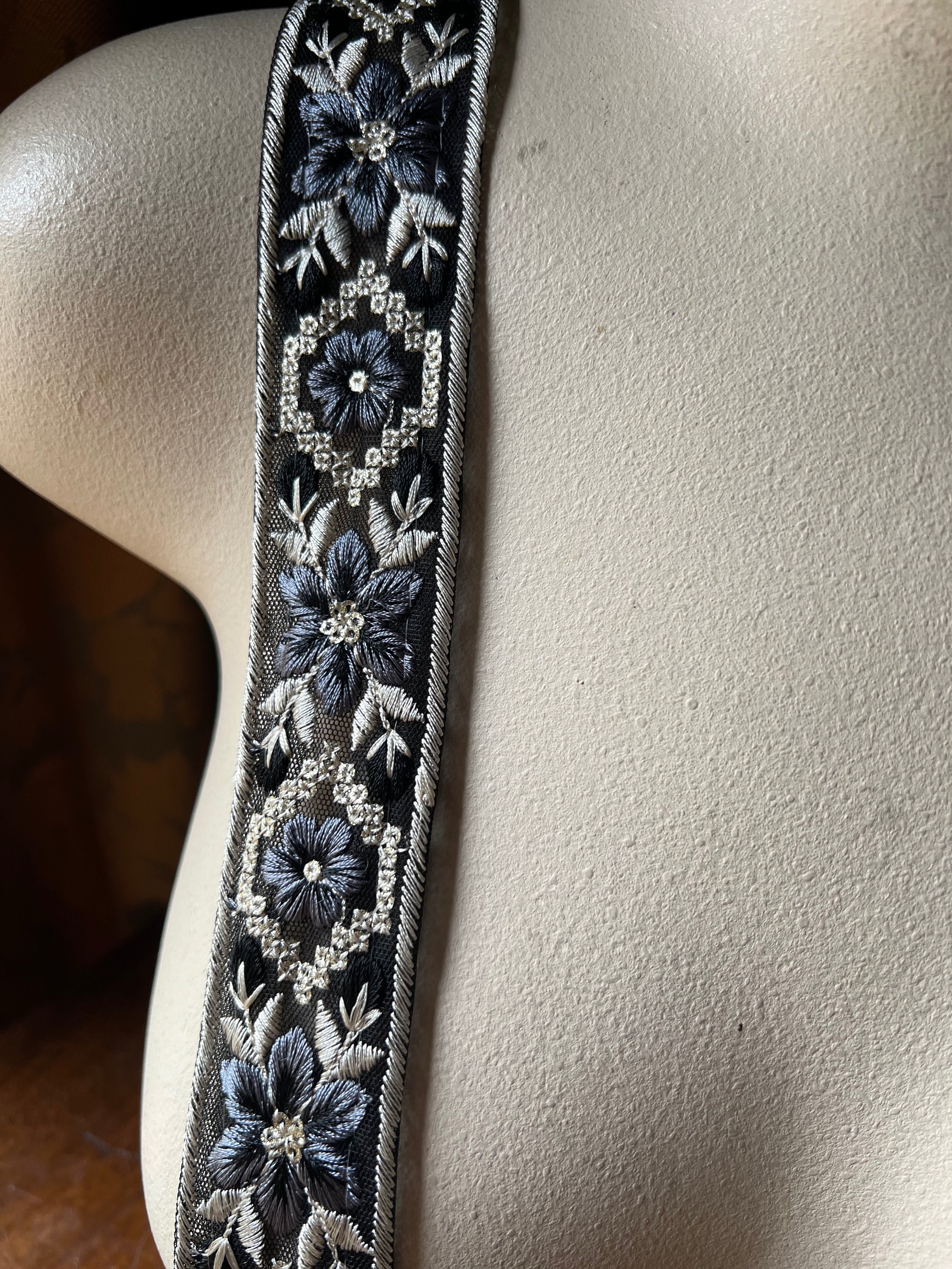 BLACK, GREY & Gold Sari Trim Beaded Embroidered Net for Garments, Costume Design, Crafts, Junk Journals TR 379