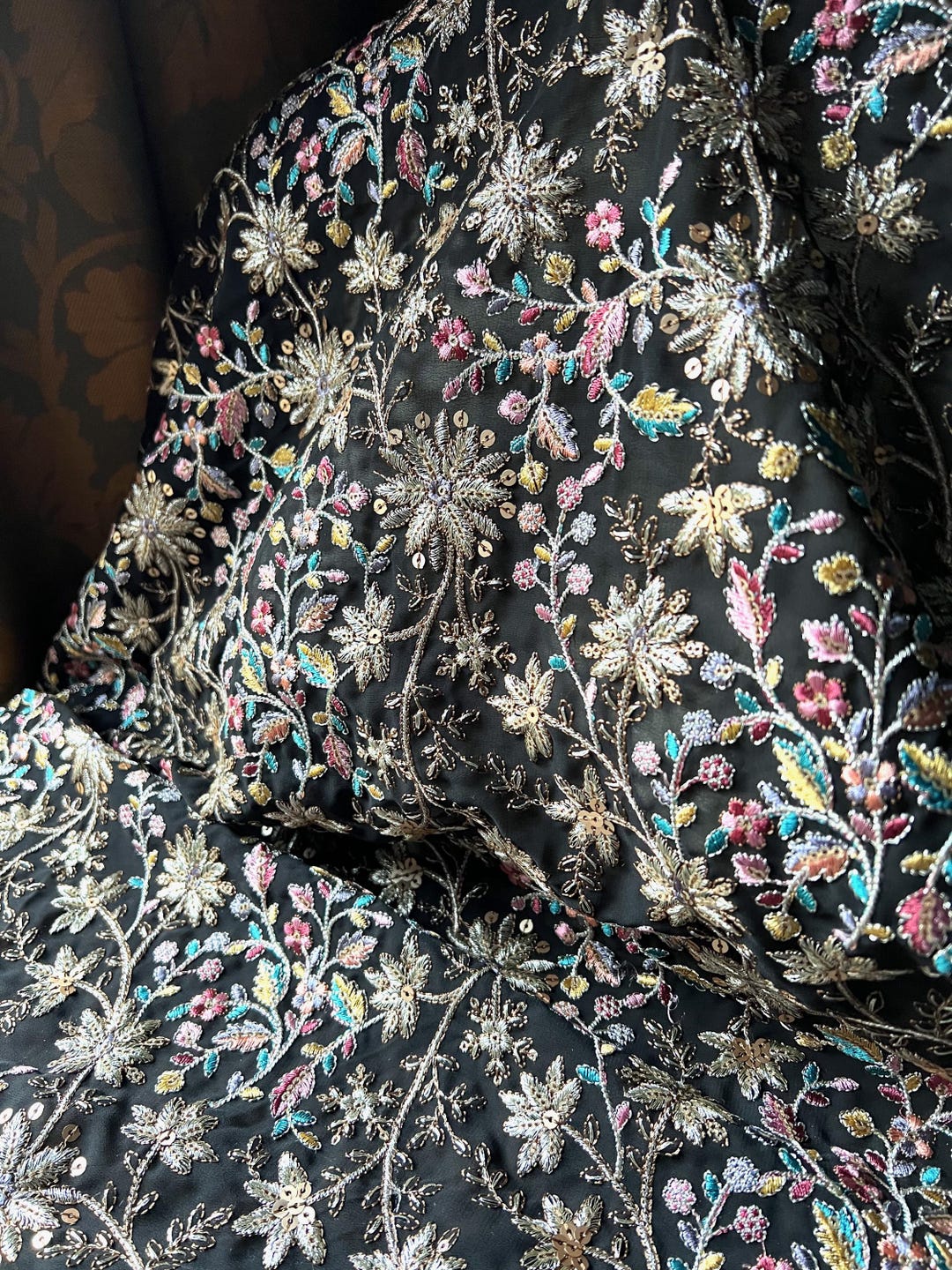 Black Pasted Stone Work Georgette Fabric Pre Cut 5 Meters FAB206