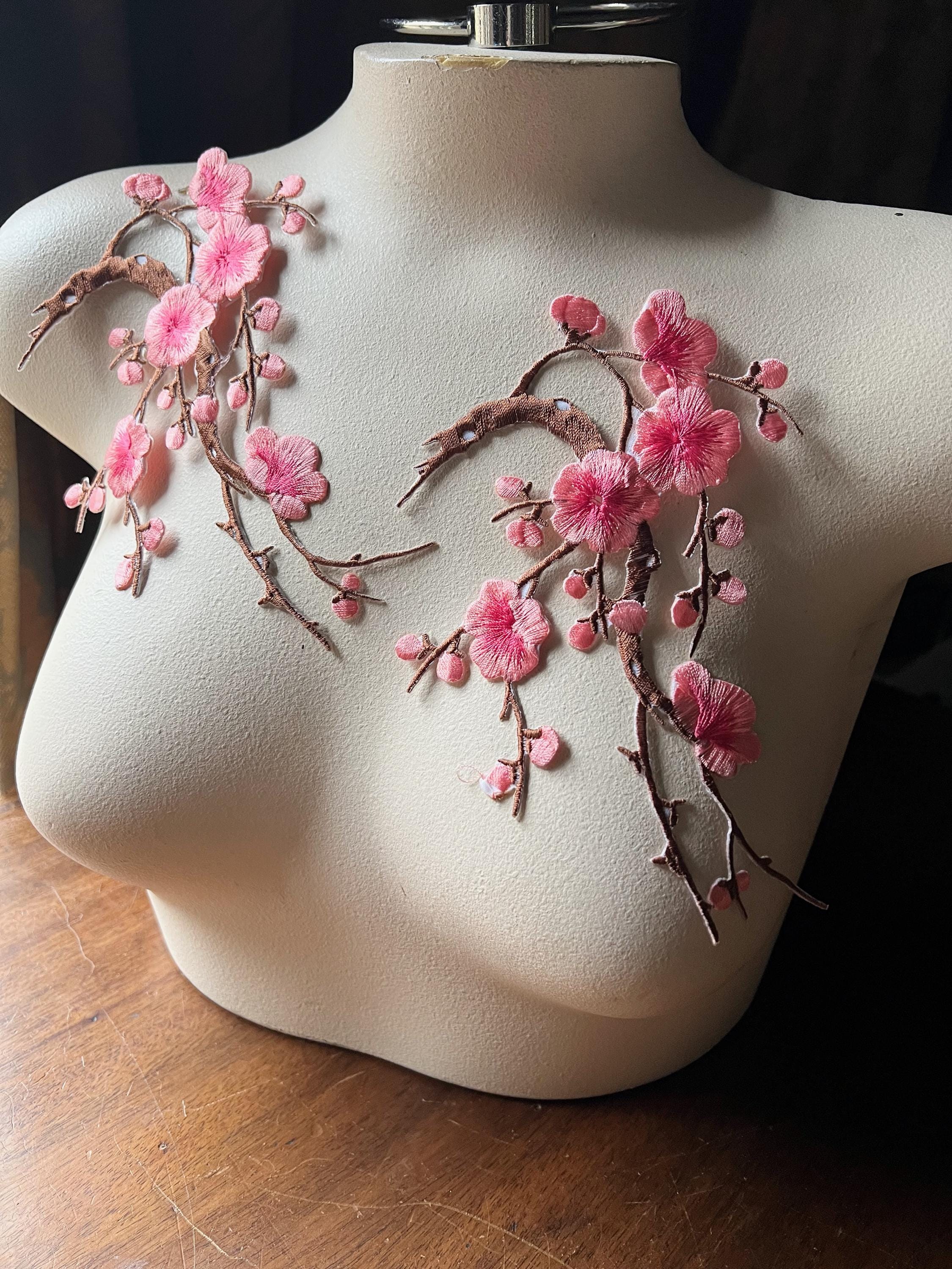 2 Coral Pink Cherry Blossom Appliques: Iron on Costume Embellishments IRON med