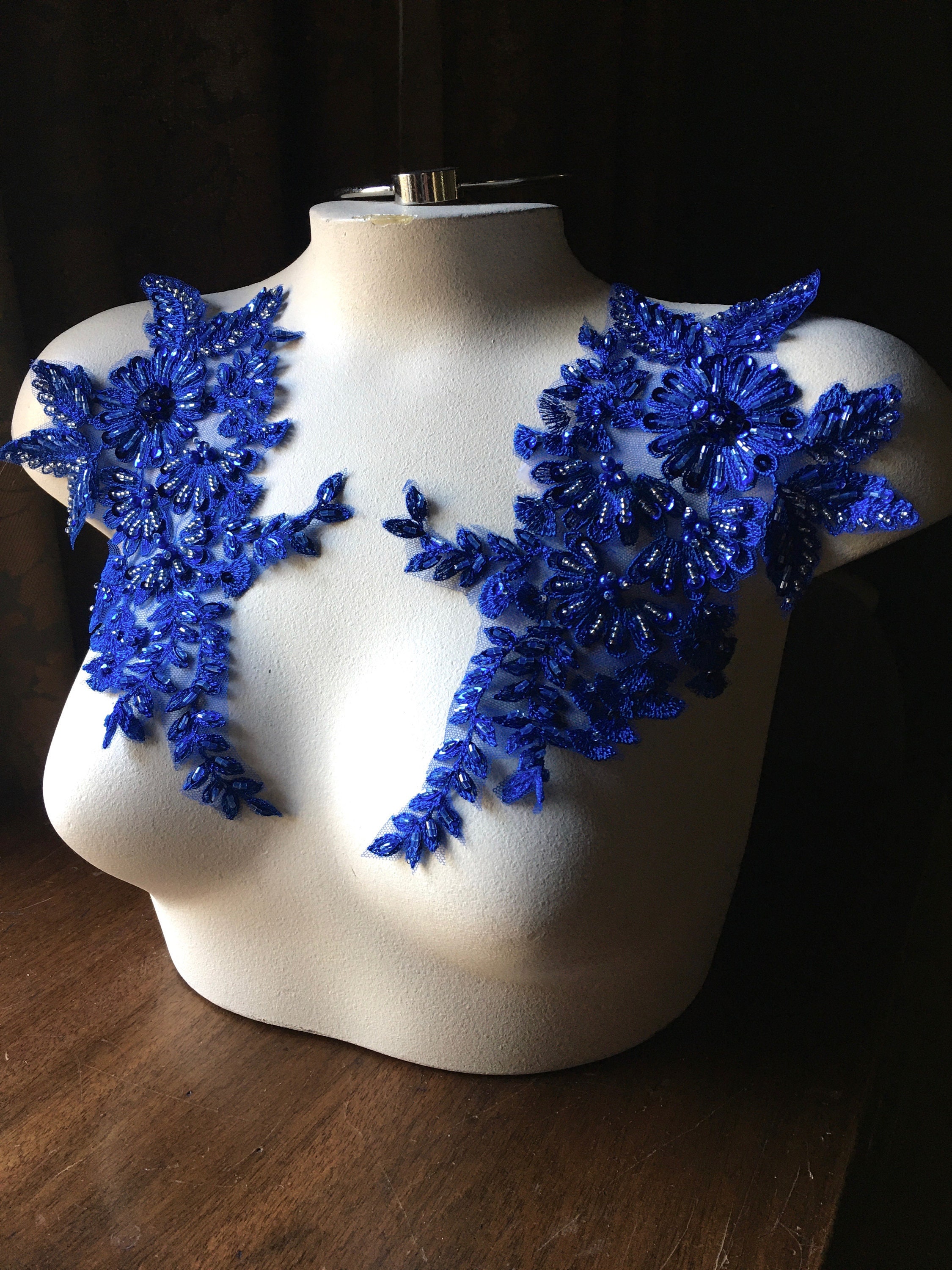 ROYAL BLUE Lace Applique Beaded Lace PAIR for Lyrical Dance Ballroom Dance Costumes Bridal F118