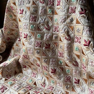 Embroidered Sequined Silk Fabric: Latte Beige Fat Quarter FQ59 latbeige