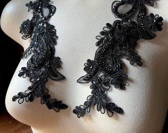 NEW BLACK Beaded Applique Pair Lace for Lyrical Dance, Ballroom Dance, Costumes, Bridal, Bridesmaids Sashes PR 114 blkNEW