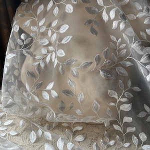 LIGHT IVORY Leaf Vine Lace Embroidered Net for Bridal, Veils, Capes, Garments 1 Shiny image 1