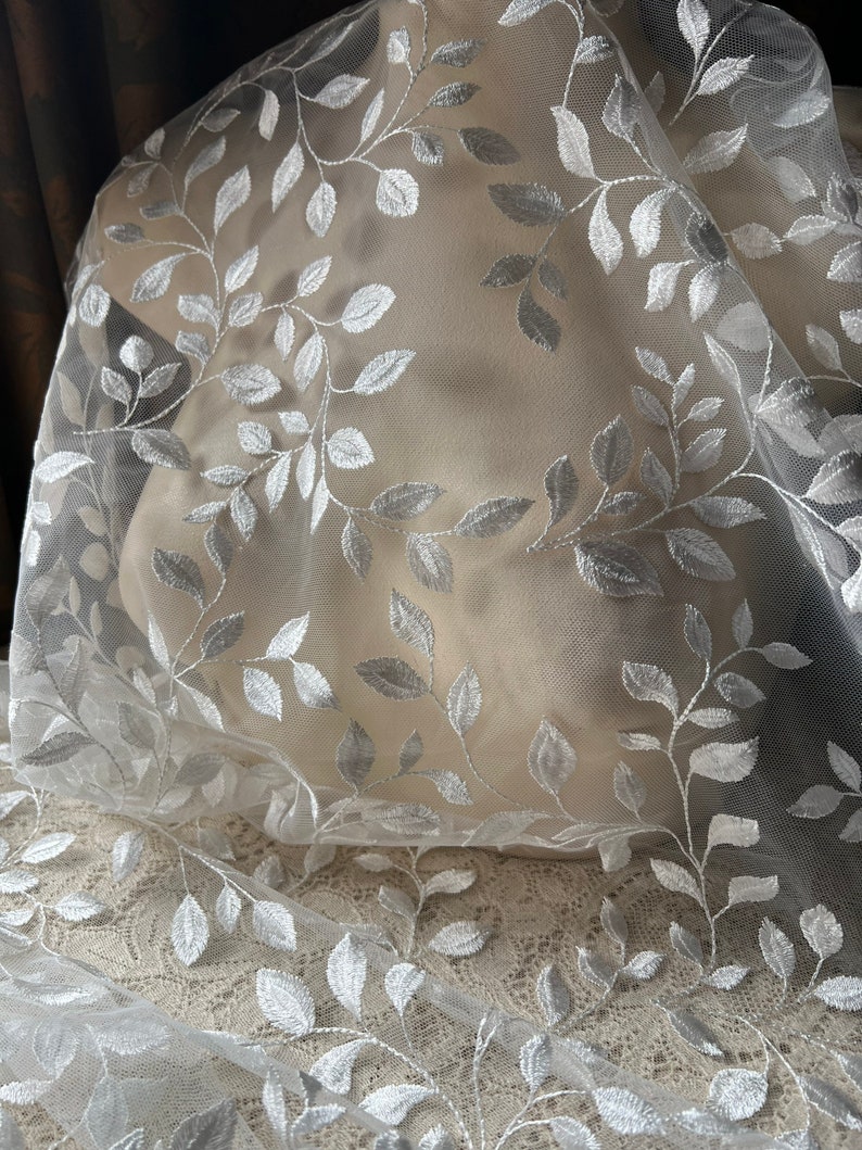 LIGHT IVORY Leaf Vine Lace Embroidered Net for Bridal, Veils, Capes, Garments 1 Shiny image 1