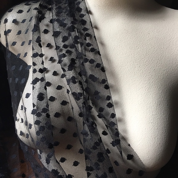 BLACK Swiss Dot Veiling Point d'Esprit #3 LARGE Dot 60" wide from Uk for Blouses. Veils, Gowns, Gloves, Costumes