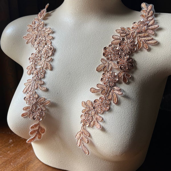 ROSE GOLD Beaded Lace  Applique Lace Pair for Lyrical Dance, Ballet, Bridal, Headbands, Sashes, Costumes PR 198 rg