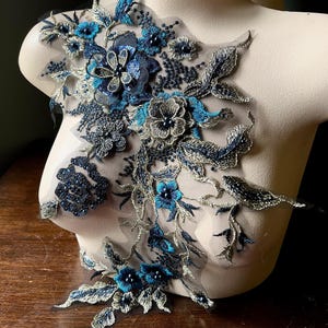 Beaded Floral Applique: Midnight Blue, Teal & Gold Lace (12.5x12") F15