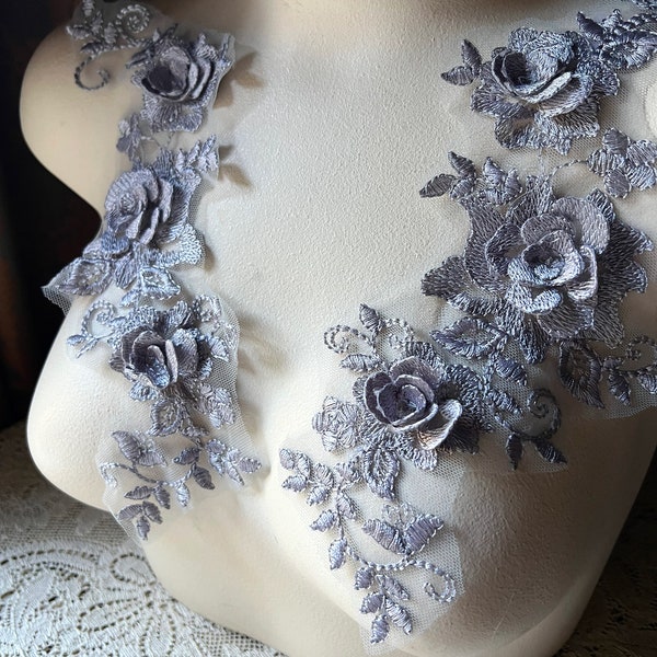 LAVENDER GREY 3d Lace Applique PAIR for Lyrical or Ballet Costumes, Garments, Bridal F190