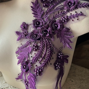 Purple Plum 3D Flower Applique: Beaded Embroidered Lace F218-1