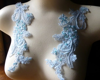 Pale Blue Beaded Applique Lace Pair for Lyrical Dance, Ballroom Dance, Bridal, Bridesmaids Sashes PR 114 plbl