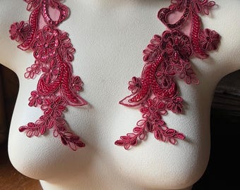 BURGUNDY Applique Beaded Lace Pair for Lyrical Dance, Ballroom Dance, Bridal, Headbands PR 114 burgNEW