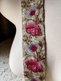 Green with Rose Pink Embroidered Floral Silk Sari Trim TR 295