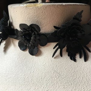 12 BLACK Beaded Faux Leather Flower Appliques for Bridal Design, Shoe Clips, Headbands, Costumes TR 254