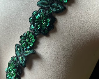 12" HUNTER GREEN Beaded Applique Trim for Lyrical Dance, Costume or Jewelry Design, Crafts TR 249 hunter