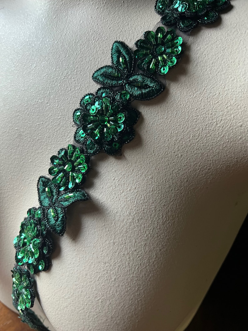 12 HUNTER GREEN Beaded Applique Trim for Lyrical Dance, Costume or Jewelry Design, Crafts TR 249 hunter image 1