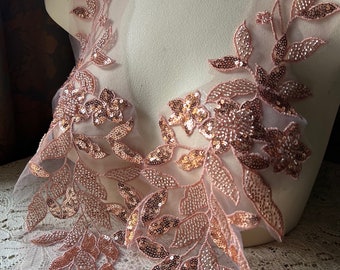 Rosy Copper Beaded Applique Pair for Lyrical Dance, Ballgowns, Skating, Garments F114