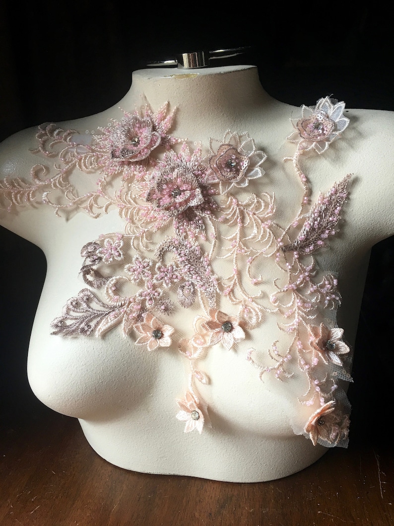 May include: A delicate floral lace applique with pink and brown flowers and beads. The applique is on a white mannequin bust.