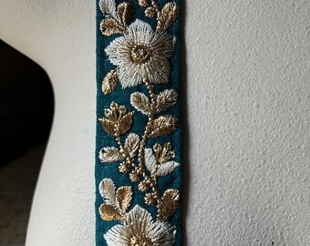 TEAL Silk Sari Trim Embroidered for Boho Garments, Costumes, Crafts, Junk Journals TR 361