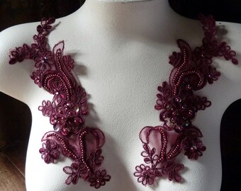 Burgundy Applique Beaded Lace Pair for Lyrical Dance, Ballroom Dance, Bridal, Headbands PR 114burg