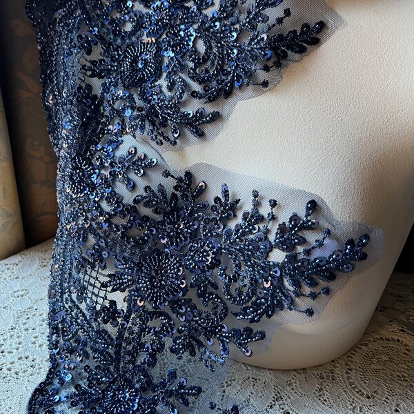 NAVY BLUE Beaded Applique TRIM for Lyrical Dance, Ballet, Bridal, Reenactment Costume Design F213 TRiM