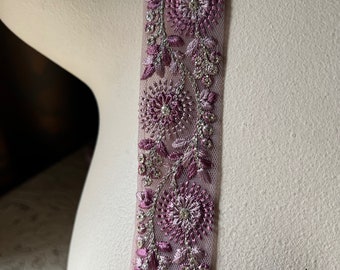 REMNANT 33" Mauve Purple & Gold Sari Trim Beaded Embroidered Net for Garments, Costume Design, Crafts, Junk Journals TR 297