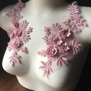 ROSE PINK 3d Lace Applique PAIR for Lyrical or Ballet Costumes, Garments, Bridal F100