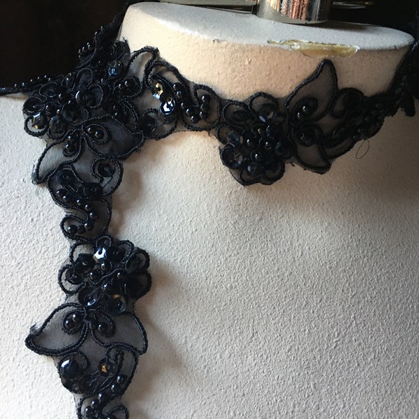 BLACK Beaded Trim Lace Flower Trim for Lyrical Dance, Bridal, Garters, Headbands, Costumes BL 4038 bl